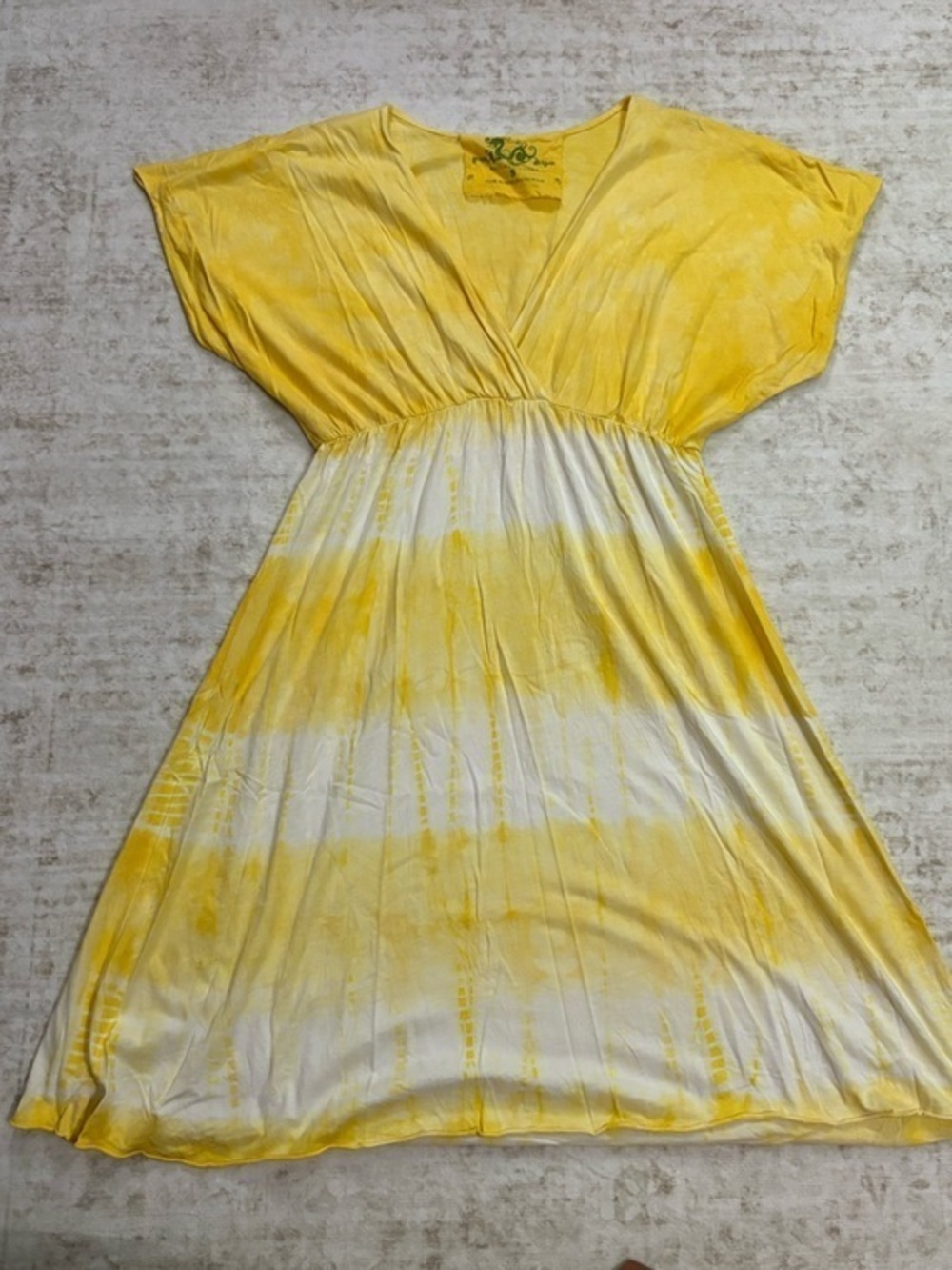 GREEN DRAGON S yellow and white tie dye deep V Neck dress-perfect for vacation